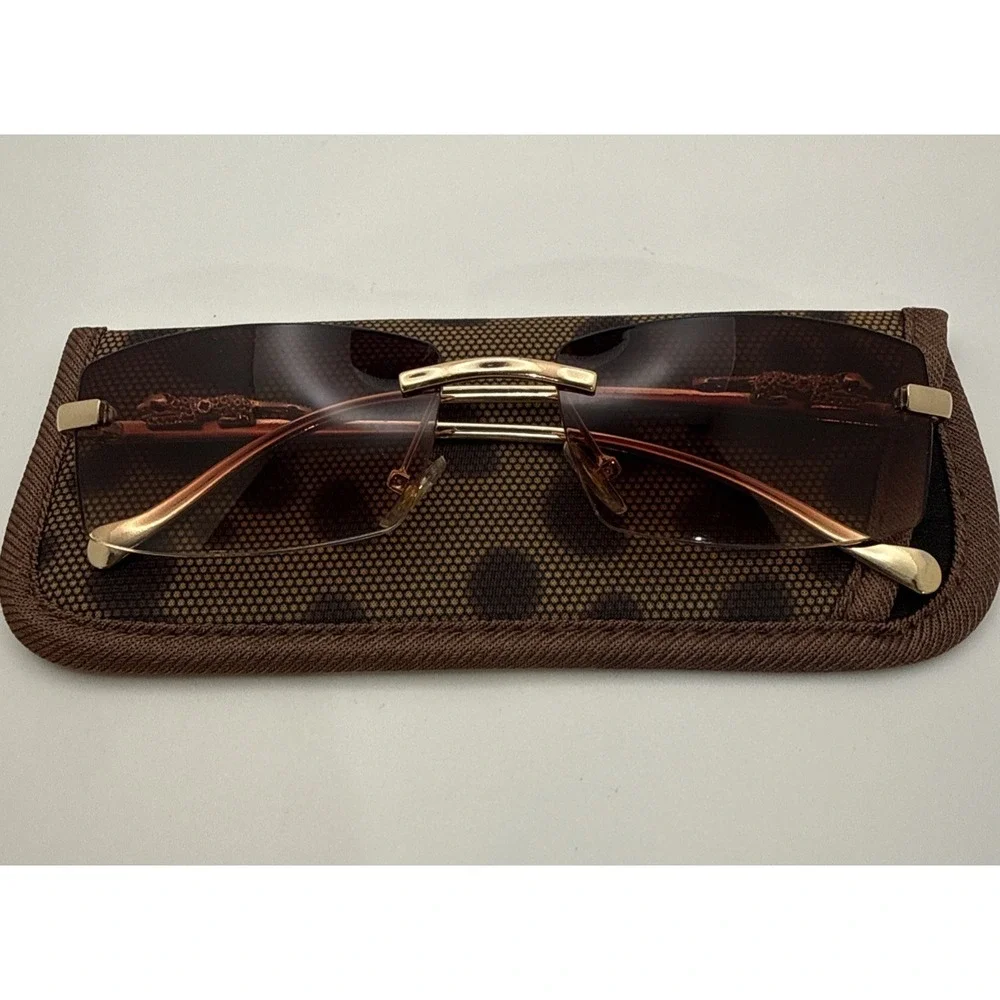 Rimless square sunglasses w/gold frame leopard/jaguar figurine & travel case HOT